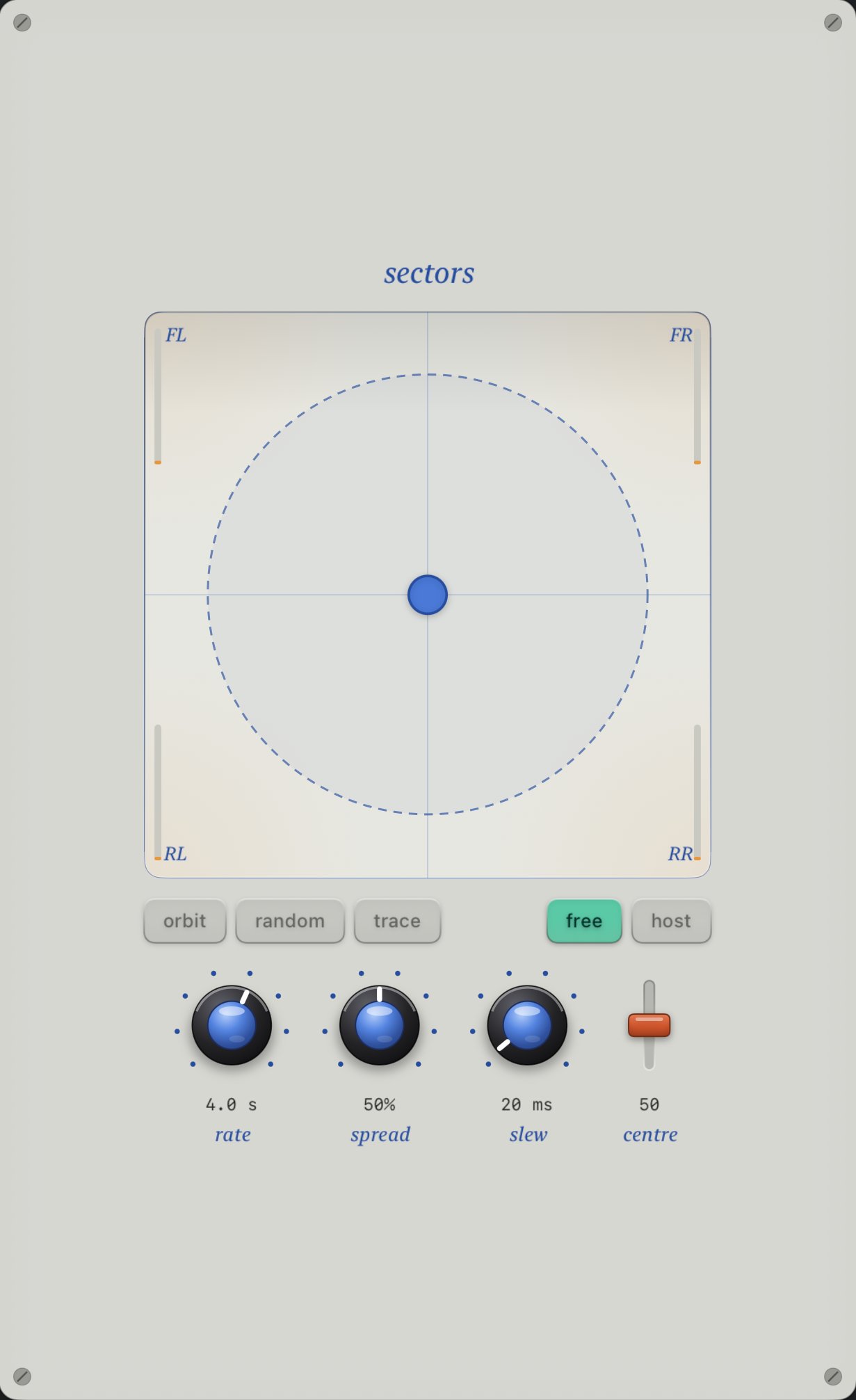 Sectors app interface showing the X-Y surround panner pad